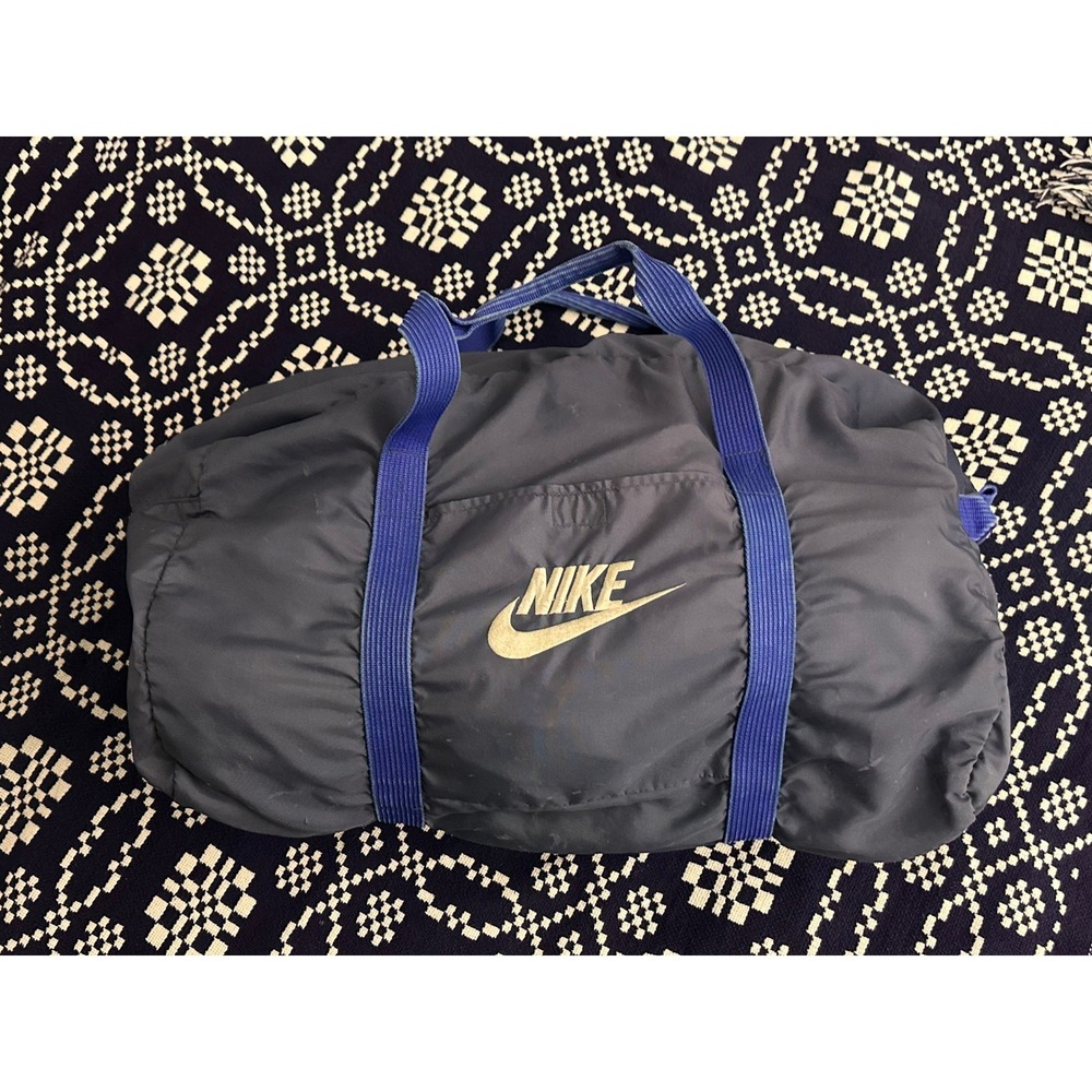 Vintage Nike Duffel Bag Navy Blue Purple Gold Swoosh Logo 80s Retro Gym Travel